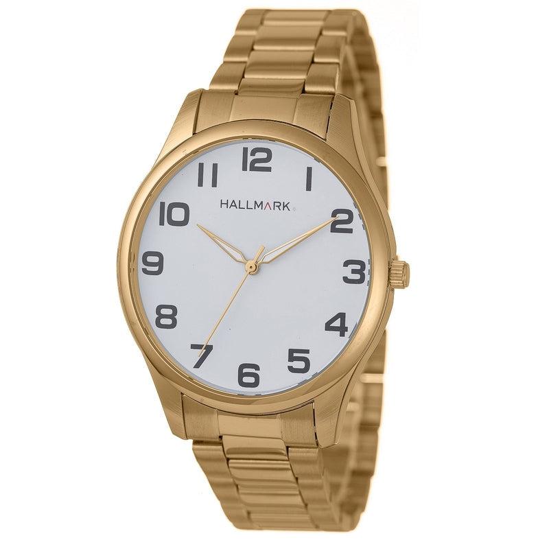Hallmark Gents Gold Watch with White Dial and Bkack Numerals