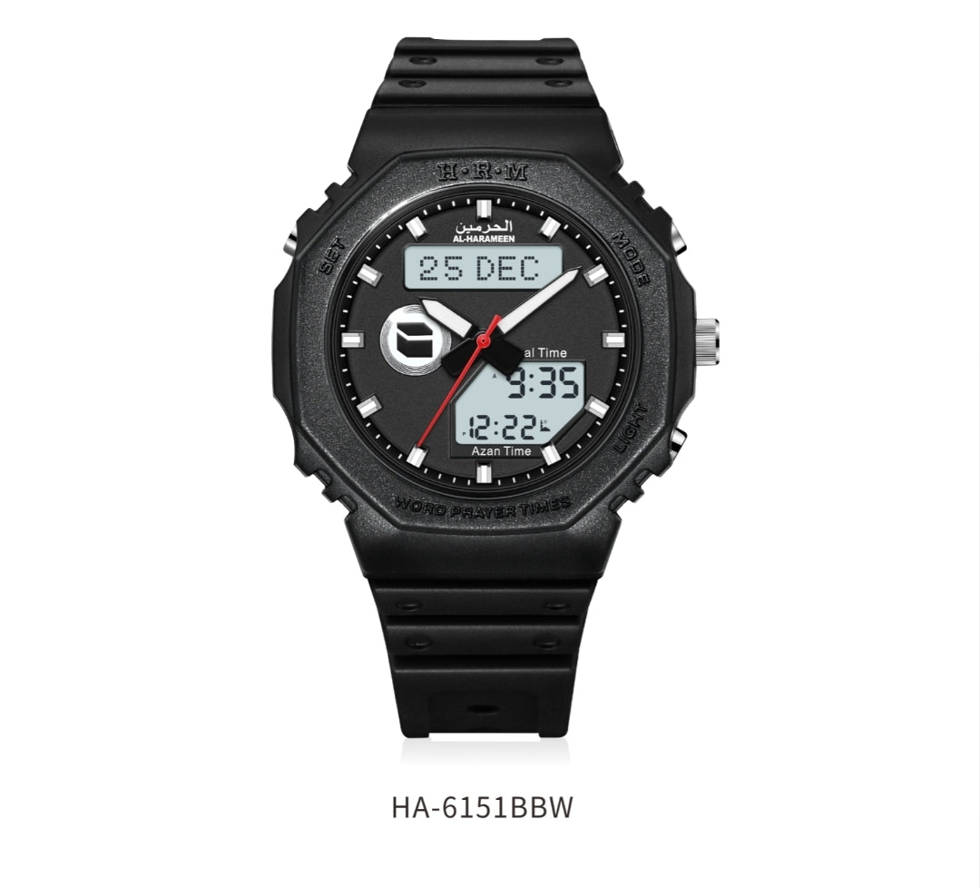 Al Harameen Analog + Digital Sports Prayer Watch Black
