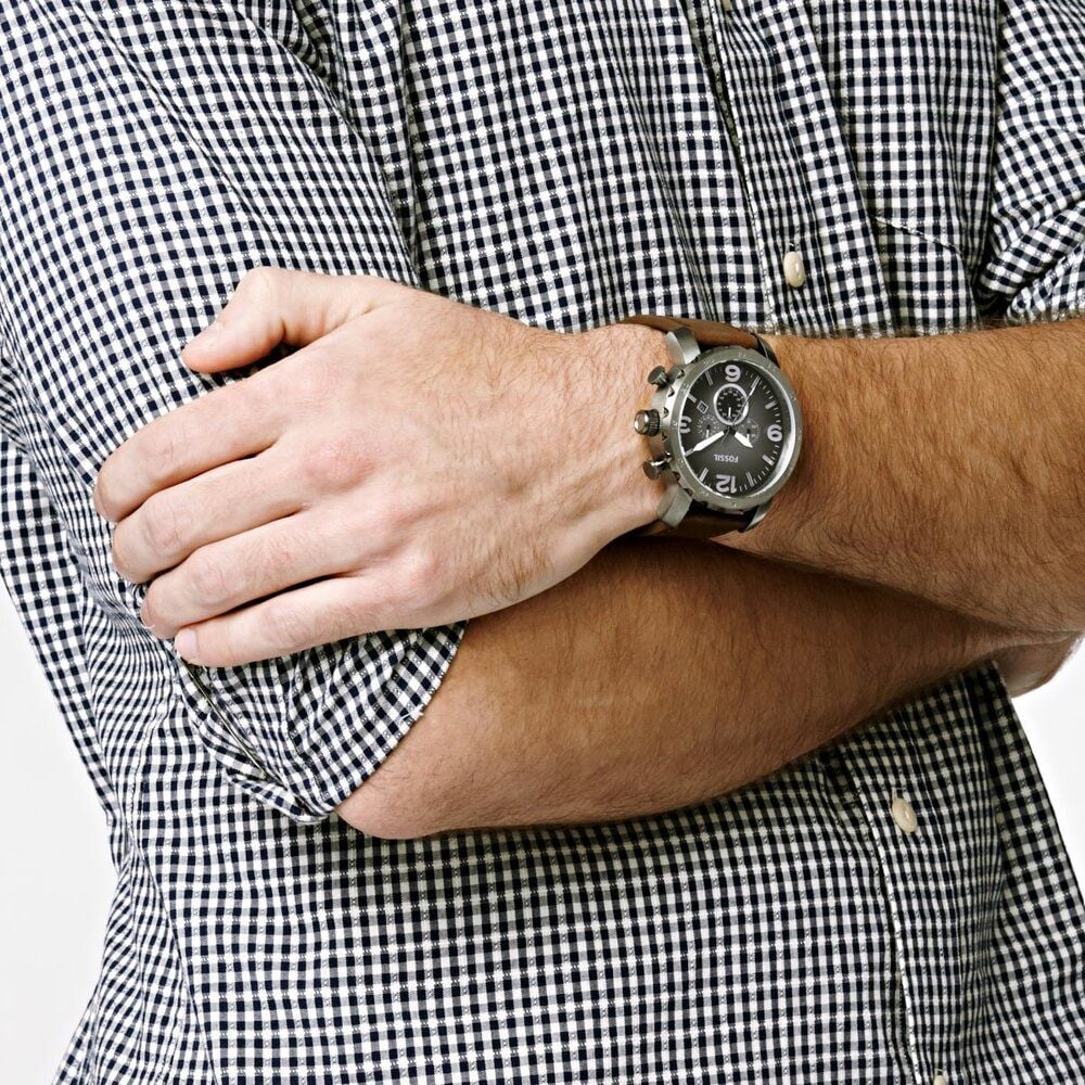 Fossil Men's Nate Smoke Round Leather Watch
