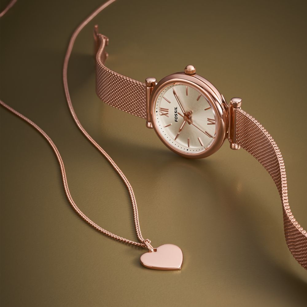 Fossil Women's Carlie Three-Hand, Rose Gold Stainless Steel Watch and Necklace Box Set