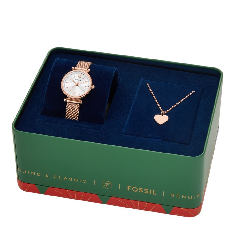 Fossil Women's Carlie Three-Hand, Rose Gold Stainless Steel Watch and Necklace Box Set