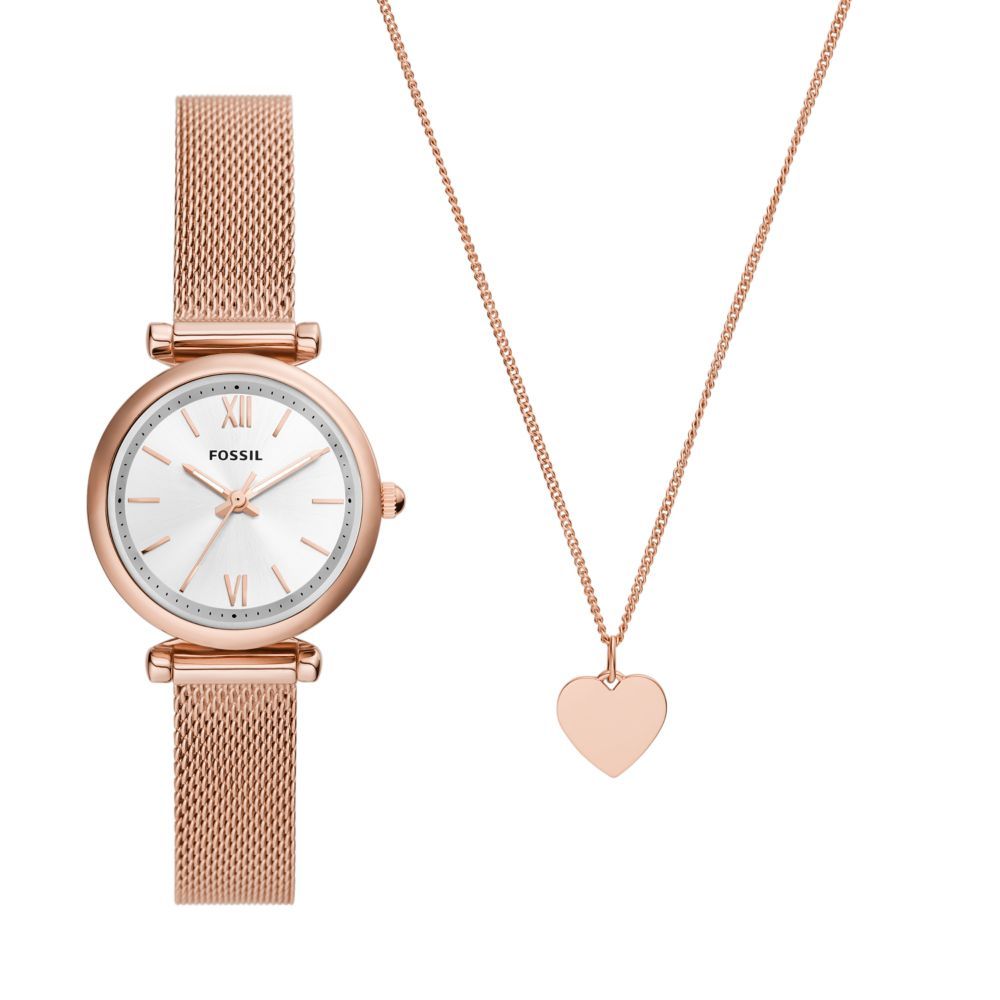Fossil Women's Carlie Three-Hand, Rose Gold Stainless Steel Watch and Necklace Box Set