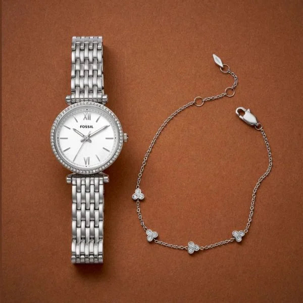 Fossil Women's Carlie Three-Hand, Stainless Steel Watch and Bracelet Set