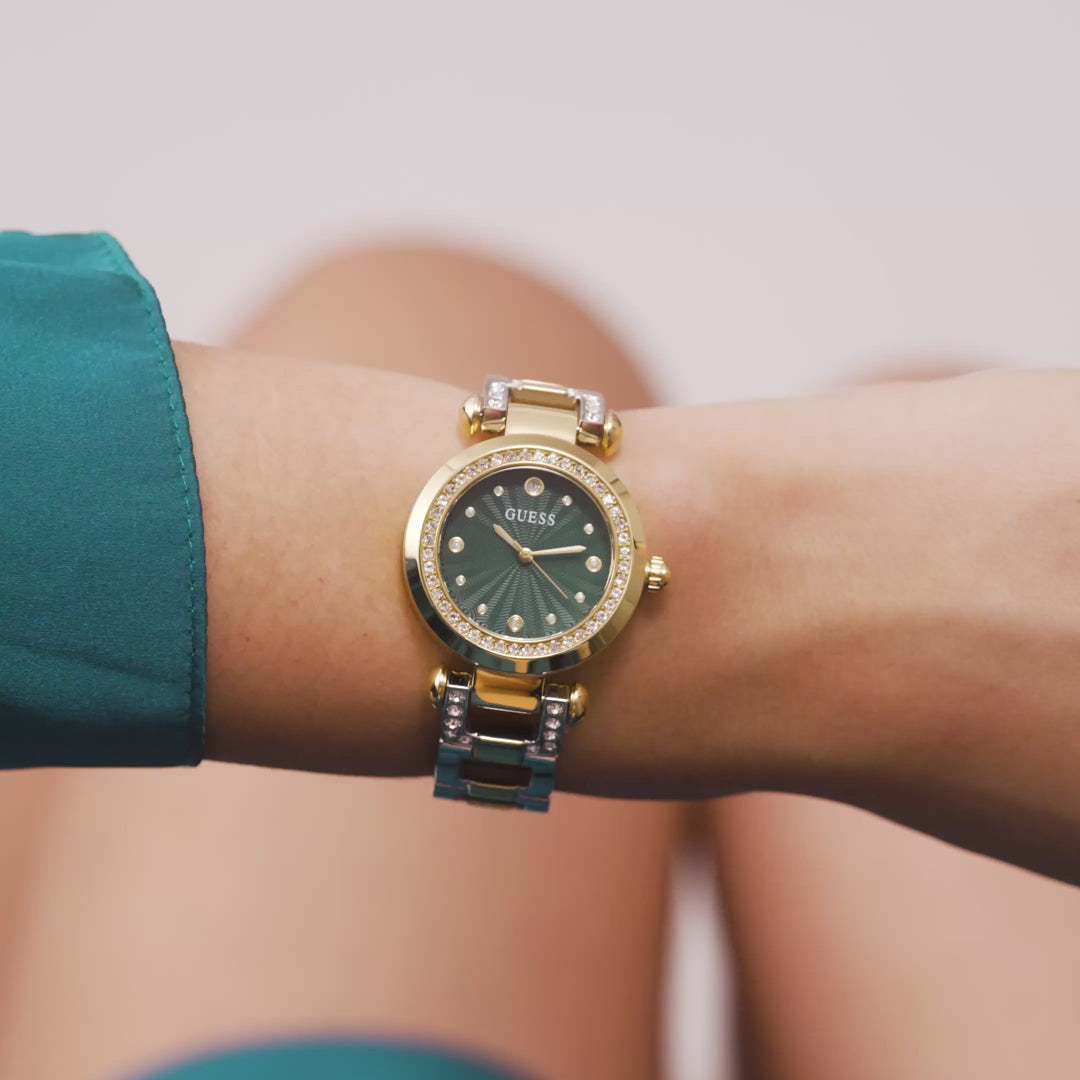 GUESS Ladies 2-Tone Gold Tone Analog Watch Green Dial