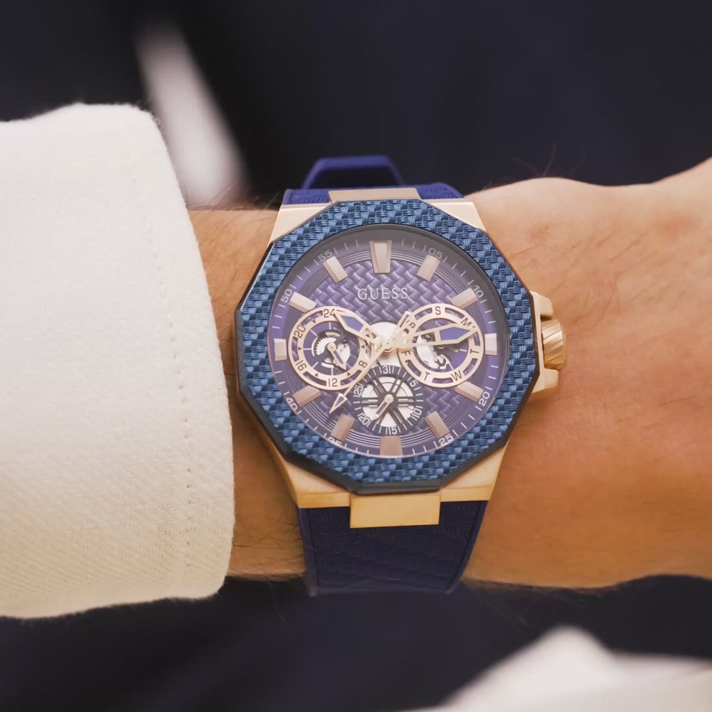 GUESS Mens Blue Rose Gold Tone Multi-function Watch
45mm
