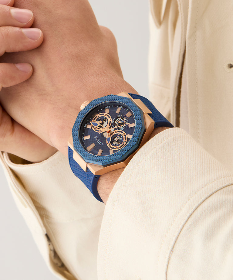 GUESS Mens Blue Rose Gold Tone Multi-function Watch
45mm