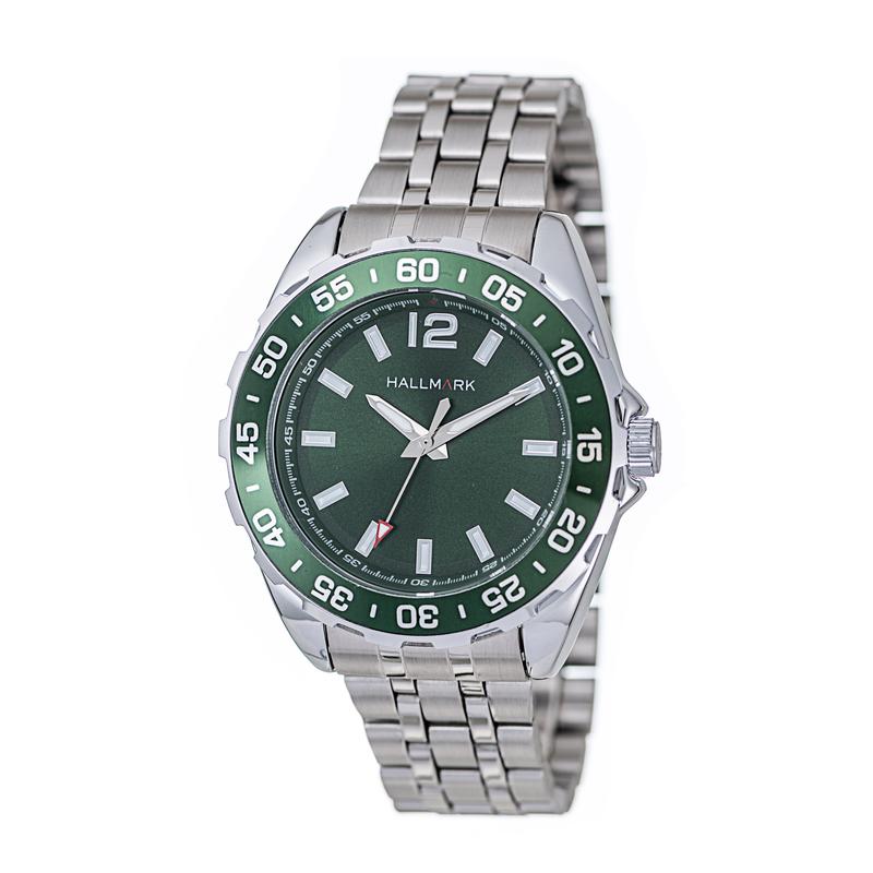 Hallmark Men’s Silver-Tone Sports Watch with Green Dial and Green Bezel