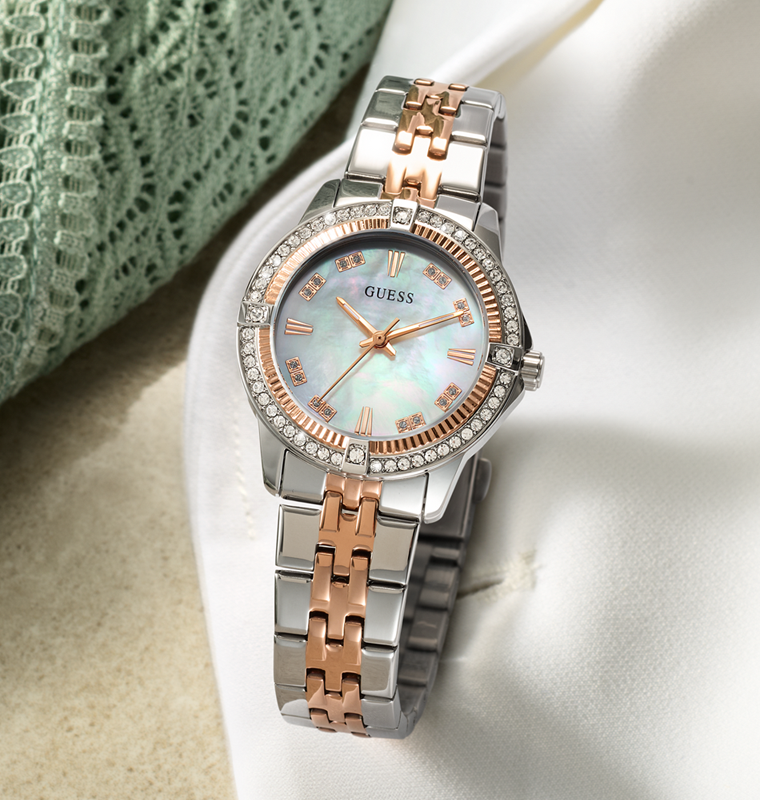 Guess Crystal Ladies Watch Two-tone Mother of Pearl Dial