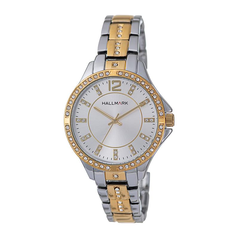 Hallmark Ladies Two-Tone Crystal Bezel Bracelet Watch