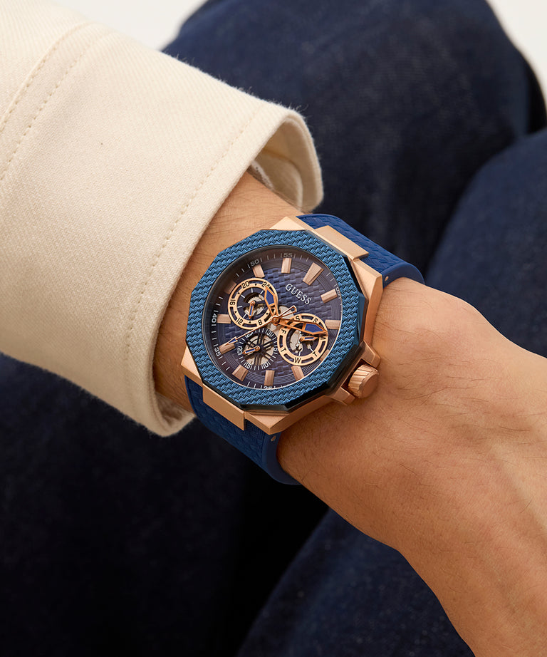 GUESS Mens Blue Rose Gold Tone Multi-function Watch
45mm