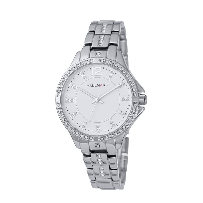 Hallmark Ladies Silver-Tone Crystal Bezel Bracelet Watch