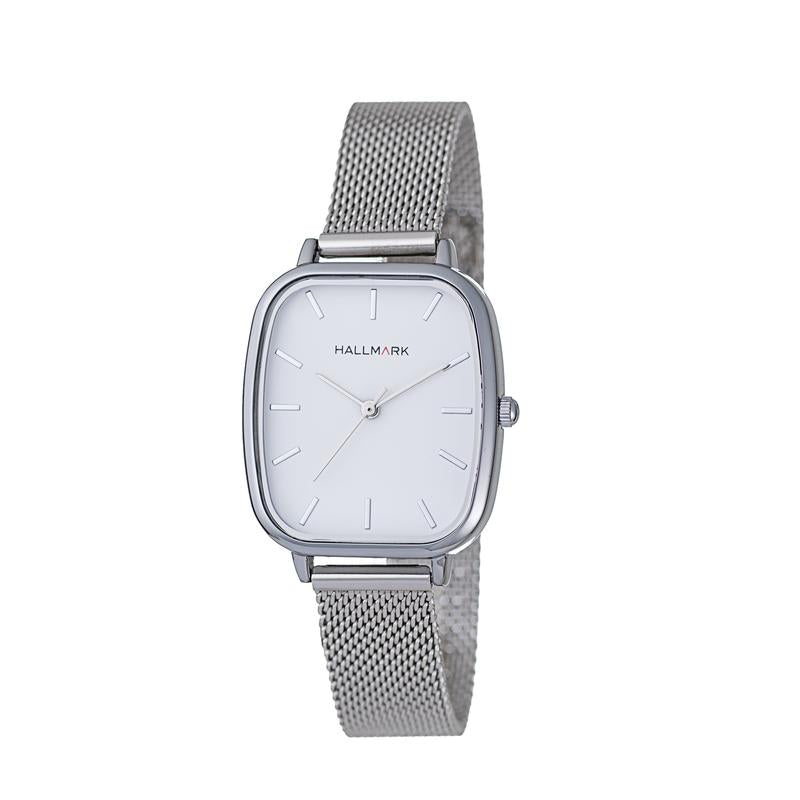 Hallmark Ladies’ Silver-Tone Rectangular Watch with White Dial and Mesh Bracelet