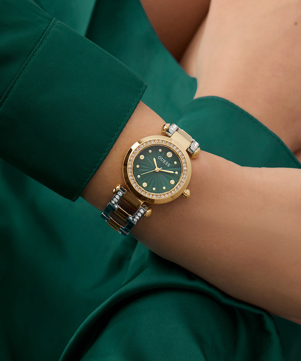 GUESS Ladies 2-Tone Gold Tone Analog Watch Green Dial